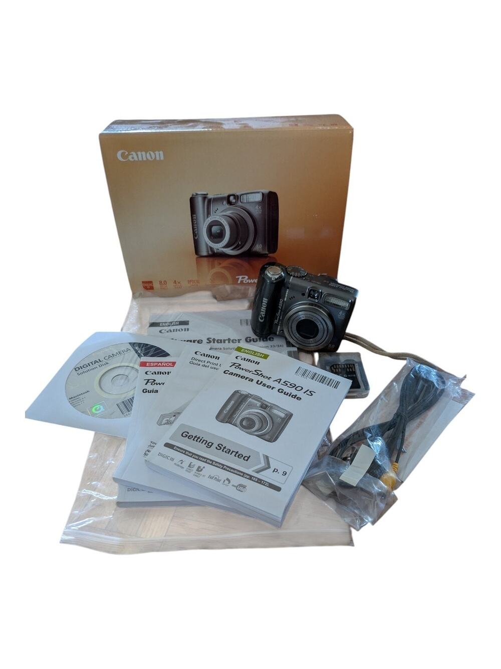 Canon PowerShot A590 IS Gray 8MP Digital Camera Box Card Tested Works PC1263